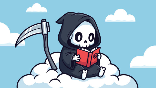 A tranquil cartoon grim reaper, dressed in a black robe, sits peacefully on a fluffy white cloud while engrossed in reading a small red book under a blue sky.