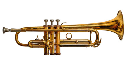 Obraz premium Golden brass trumpet with valves and bell, representing music, jazz, classical instrument, and performance on transparent background