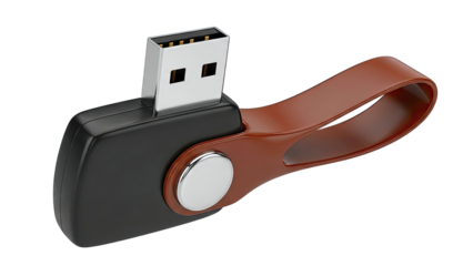 Black USB Flash Drive with Brown Leather Loop and Silver Stud