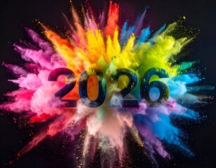 Bold 2026 numerals burst from a vibrant cloud of colorful powder