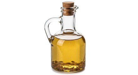 Golden infused oil in a glass decanter with cork stopper offers culinary flavor enhancements and