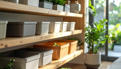 Fototapeta premium Wooden shelves display potted plants and containers; sunlight streams in