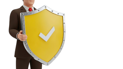 Businessman holding a yellow shield with a checkmark