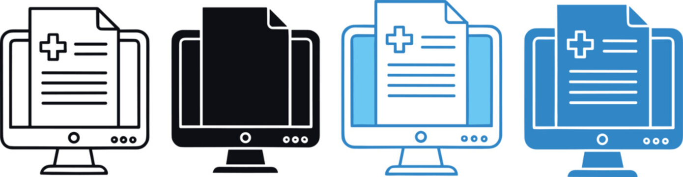 Digital medical document and healthcare record icons set illustrating electronic patient files, online medical reports, hospital documentation, and health information management concepts