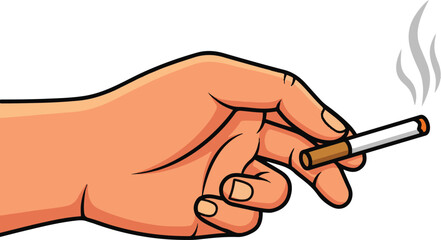 Hand holding a lit cigarette with smoke rising, vector illustration isolated on white background.
