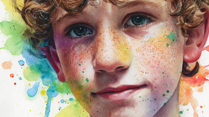 A vibrant portrait of a young boy adorned with colorful paint splatters. His expression is serene, enhanced by freckles and curly hair