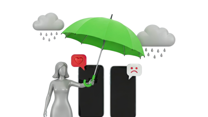 Digital Protection: Umbrella shields smartphone from rain and sad emoji message