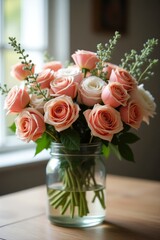 Rustic Wild Rose Bouquet in Glass Jar on Wooden Table