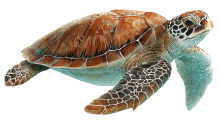 Sea turtle swimming, moving through water. Illustration of aquatic wildlife, marine animal with textured shell, transparent background