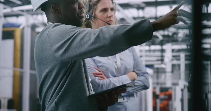 Male Engineer With Tablet Reports to Female Technical Support Manager on Productivity and Timing of Solving Industrial Task in Factory Workshop. Concept Gender Diversity Roles and Facility Management.