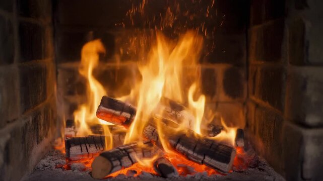Cozy fireplace with burning logs on a cold winter night