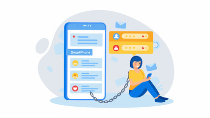 Woman chained to smartphone, symbolizing digital addiction and modern technology struggles