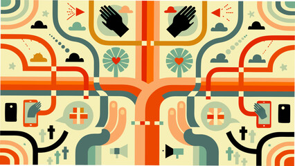 Vibrant illustration of interconnected hands and social media symbols
