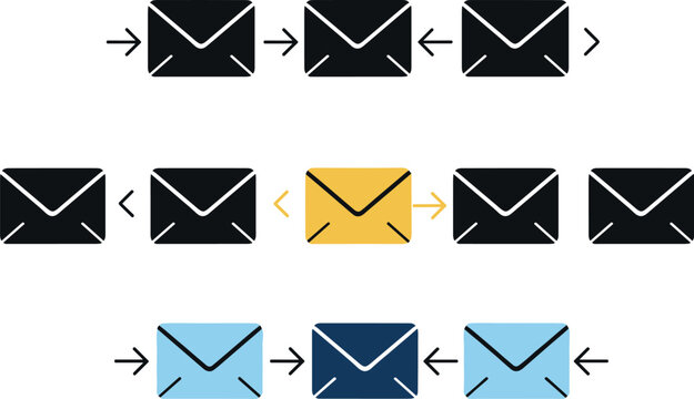 Email communication workflow icons set illustrating message exchange, inbox flow, outgoing and incoming mail process, notification routing, and digital correspondence concepts