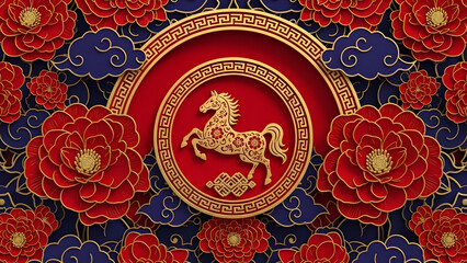 Golden Horse on Red Circle Background.