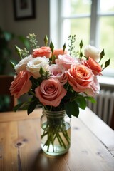 A charming bouquet of rustic wild roses is presented in a simple glass jar, artfully arranged on the surface of a weathered wooden table