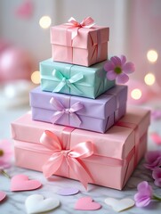 Beautifully wrapped stack of pastel colored gift boxes tied with satin ribbons and decorated with flowers