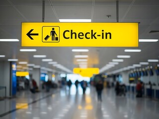 Bright yellow airport sign with a left arrow and checkin icon indicates passenger direction inside terminal