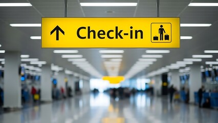 Bright yellow illuminated checkin sign with arrow and passenger icon in a modern airport terminal