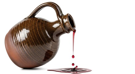 Rustic ceramic jug with red wine gracefully pouring, creating a visually appealing splash