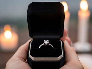 Close up of a sparkling diamond engagement ring presented in a velvet box with candles in the background