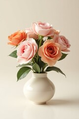 Beautiful arrangement of a blooming bouquet of red and pink roses in a glass vase with green leaves for a floral gift of love and nature decoration