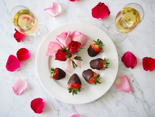 Romantic dessert with chocolatedipped strawberries and champagne surrounded by rose petals