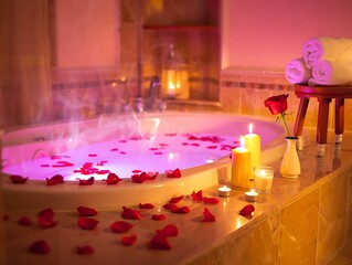 Romantic rose petal filled bathtub with lit candles and steam creating a relaxing spa ambiance