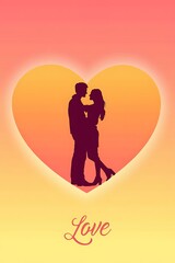 Silhouetted couple embracing inside a heart shape with warm gradient background and text