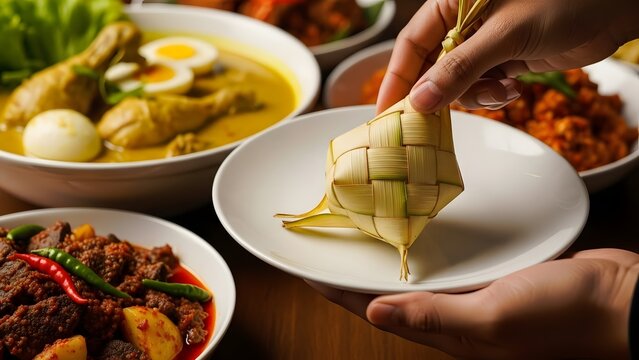 A detailed shot of hands skillfully weaving young coconut leaves (janur) into ketupat pouches and hands serving food during the Eid celebration.