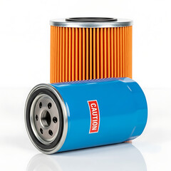 Blue oil filter with caution label and orange filter