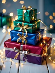 Stack of colorful gift boxes wrapped with shiny paper and tied with golden ribbons adorned with fairy lights