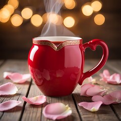 Steaming red heartshaped mug filled with a warm beverage surrounded by delicate pink rose petals and glowing bokeh lights