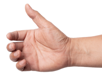 man hand holding something like a bottle on white background.