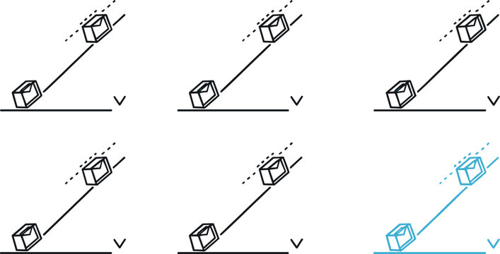Inclined plane physics icons set illustrating object motion on slope, force direction, gravity effects, mechanical analysis, and basic physics education concepts