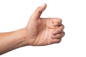 man hand holding something like a bottle on white background.