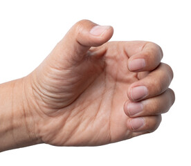 man hand holding something like a bottle on white background.