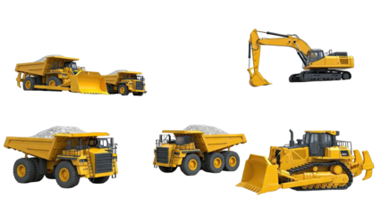 Collection of yellow construction vehicles on a white background