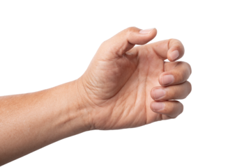 man hand holding something like a bottle on white background.