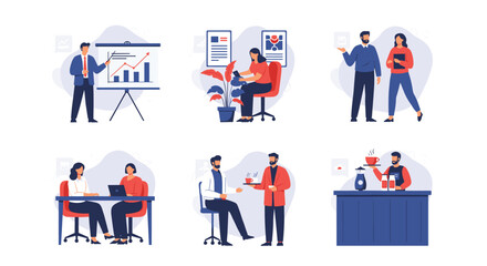 Collection of business professionals engaged in meetings, presentations, and collaborative work tasks in various office scenarios.