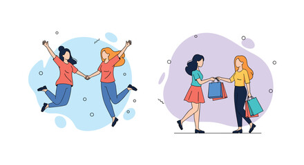 Fototapeta premium Split scene of two female friends jumping for joy and two friends sharing shopping bags after a successful trip.