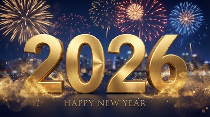Glistening three dimensional golden numerals boldly proclaiming the arrival of the brand new year 2026 during a spectacular nighttime fireworks celebration over a blurred city skyline background
