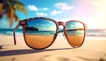 summer beach scenery reflected in sunglasses lenses