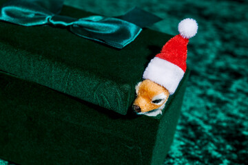 a christmas reindeer toy peeks out of the lid of a green velvet box