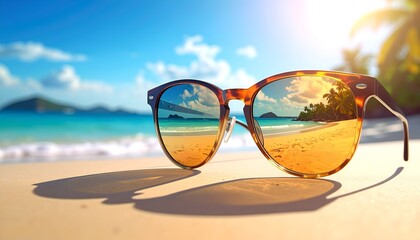 summer beach scenery reflected in sunglasses lenses