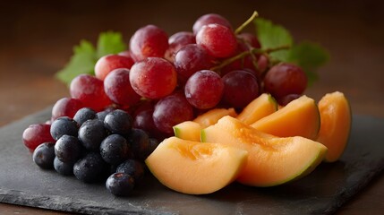 Colorful assortment of fresh red grapes blueberries and sliced cantaloupe melon on dark slate