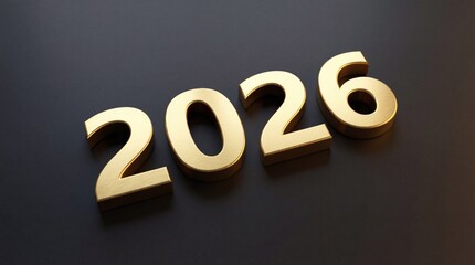 Three dimensional golden metallic numerals representing the upcoming year two thousand twenty six rendered on a dark background casting soft shadows perfect for celebration concepts