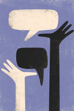 Hands holding thought and speech bubbles