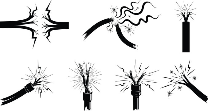 Damaged electrical wire, broken connection, exposed conductor, sparking cable, vector illustration, safety hazard, black silhouette, energy failure, fire risk, electric danger