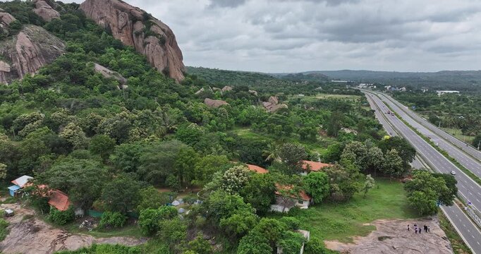Aerial view of bangalore to mysore old expressway near ramanagara hill station